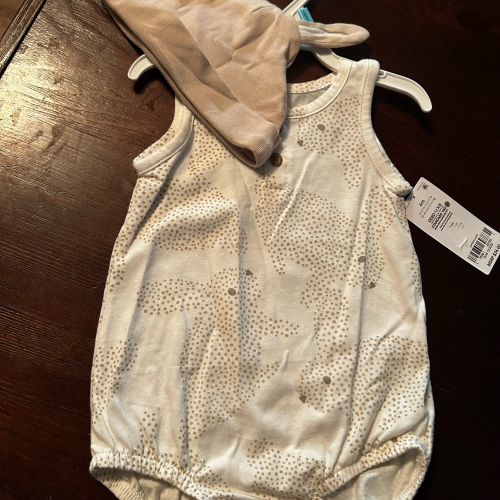 NEW Spring/Easter Bunny Print White and Tan Baby Romper with Hat